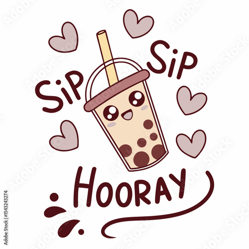 Cute cartoon boba tea cup illustration sip hooray design