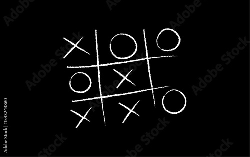 Hand-drawn tic-tac-toe game with chalk X and O grid on a black background. Simple doodle crayon sketch. 