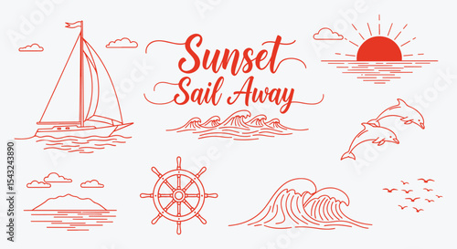 Sunset Sail Away illustration set, red line sailboat helm waves, dolphins, sun, and island under clouds. Romantic nautical summer clipart.