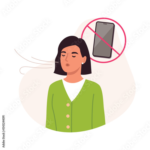 Vector illustration of a girl tired of the phone. Cartoon scene of a girl with closed eyes, exhaling, a sign of a turned off phone, isolated on a white background. Phone without a connection.