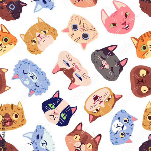 Cartoon cats faces seamless pattern. Cute funny cats portraits vector