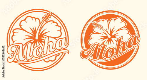 Aloha hibiscus emblem set. retro circular badge with tropical flower and guitar headstock script. Orange vector logo for surf branding, sticker, tee design