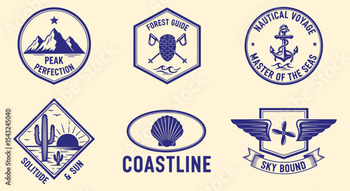 Adventure badge collection. Mountain peak, crossed axes, anchor crest, desert sunset, scallop coastline oval and propeller wings in vintage navy style