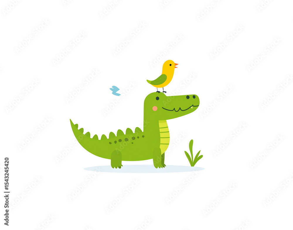 Naklejka premium Cartoon Alligator with Bird on Head Smiling Reptile Illustration Cute Animal Design.