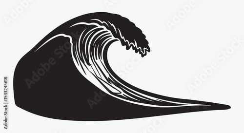 Surf wave silhouette logo. Lone surfer riding a giant curling breaker in bold black ink. Minimal beach adventure emblem for boards, tees or stickers