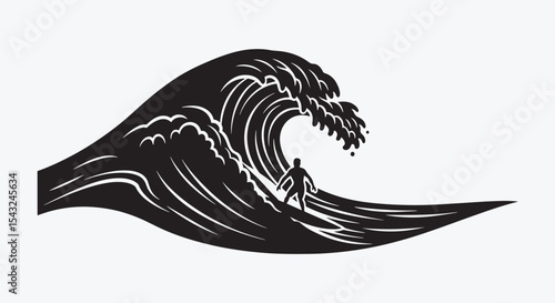 Surf wave silhouette logo. Lone surfer riding a giant curling breaker in bold black ink. Minimal beach adventure emblem for boards, tees or stickers