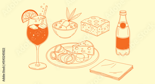 Aperitivo snack illustration set. Spritz cocktail, olives bowl, cheese wedge, salami plate, soda bottle and napkins in warm orange line. Italian happy-hour graphic