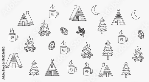 Cozy campsite seamless pattern. A-frame cabins, teepees, campfire mugs, pine trees, burning logs, pinecones and crescent moons repeat in soft graphite line