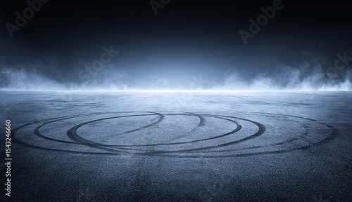 Dark empty asphalt street with visible tire marks, with a subtle mist or smoke drifting through the air. Dramatic spotlights illuminate the background, while neon lights glow softly through the haze.