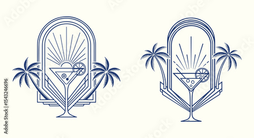 Art-deco sunset cocktail badge duo. Martini glass with citrus slice, palm trees and radiant rays framed by geometric arch lines. Elegant tropical lounge logo template