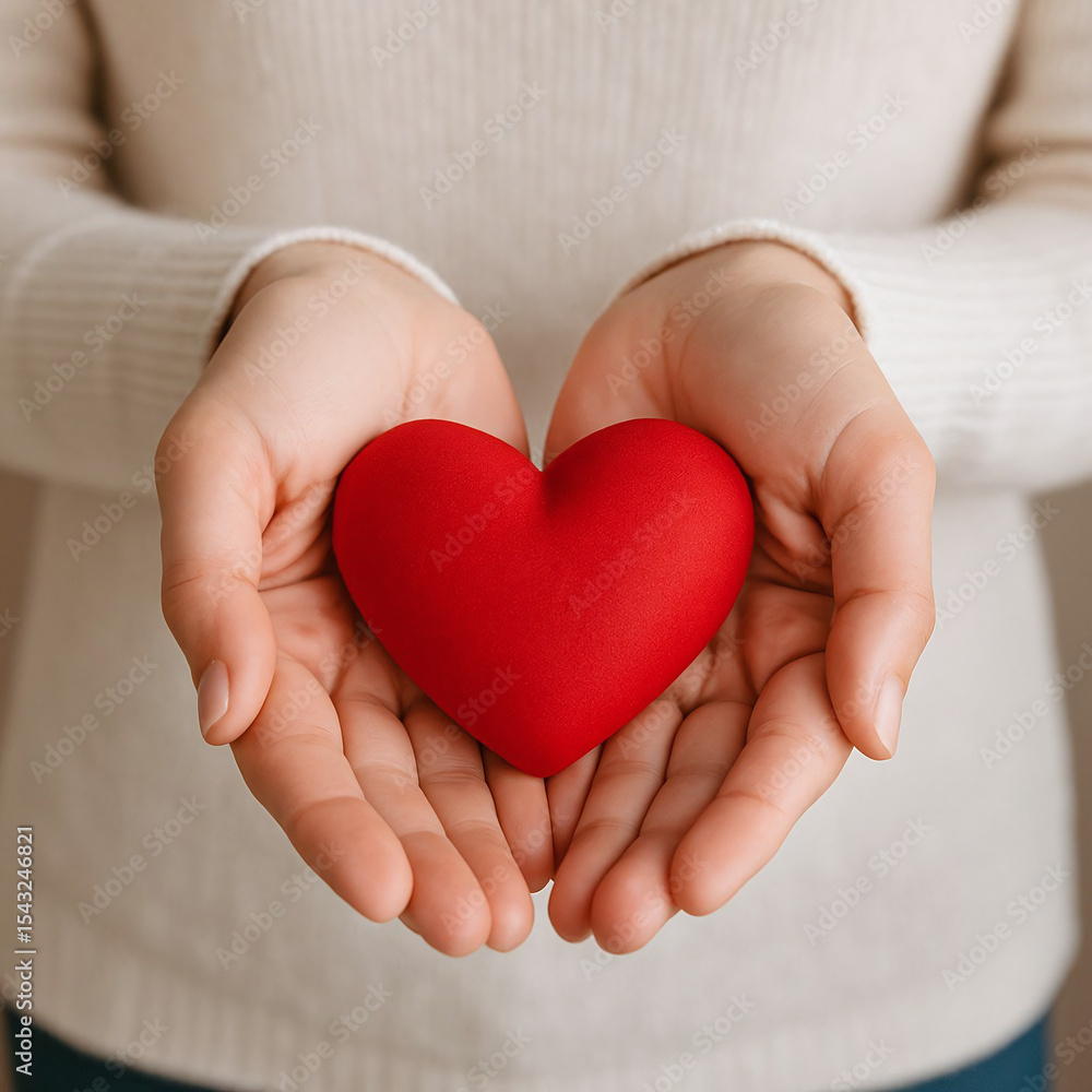 Realistic image of female hands holding a small red heart, symbolizing love and romance, with soft light clothing and gentle mood Realistic image of female hands holding a small red heart, symbolizing love and romance, with soft light clothing and gentle mood
