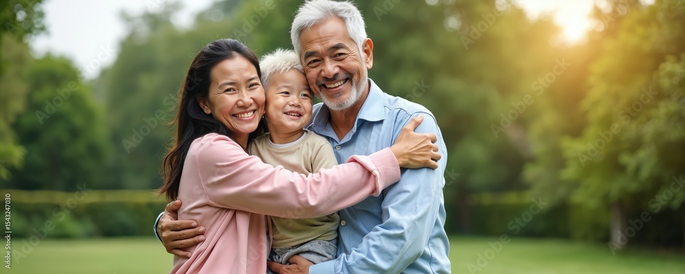 Fototapeta premium Happy Asian family portrait, senior man, woman, child. Multi-generation love, support, care, fun, joy, family bond, togetherness in park. Smile of parents, son grandson on outdoor activities in green