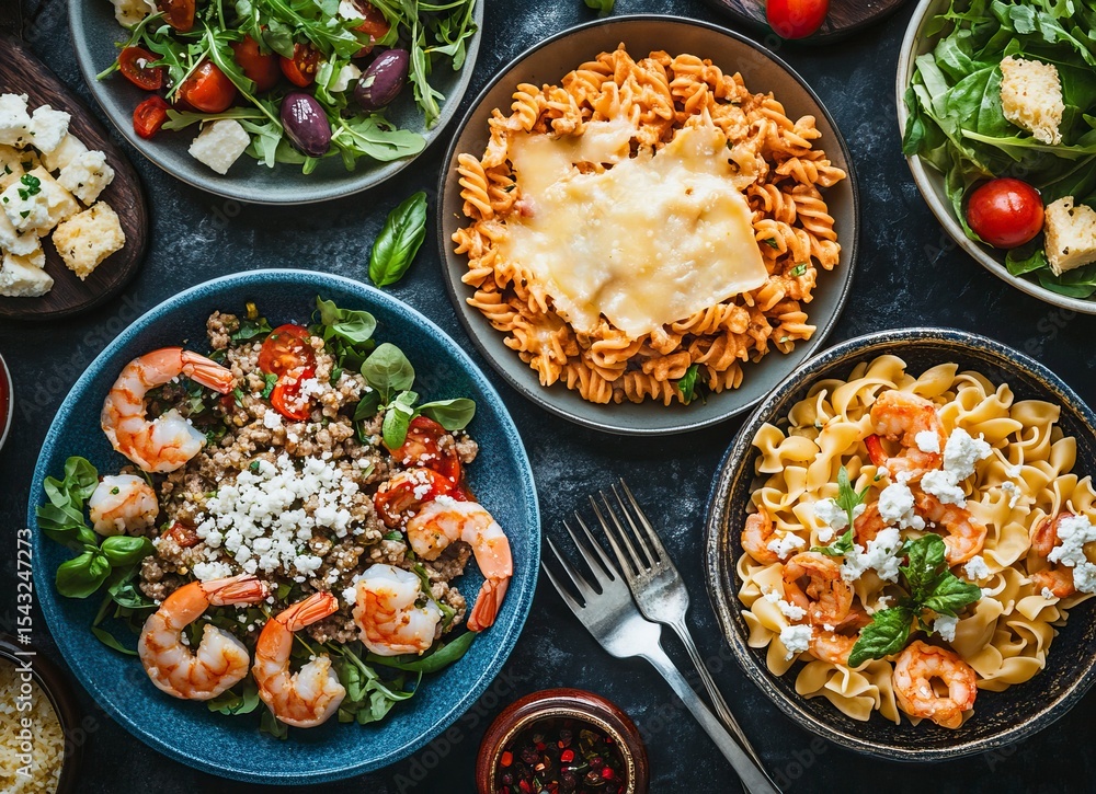 Top view of various dishes on the table, including pasta with cheese and meat sauce, salad in a blue plate, shrimp and feta cheese, and a fork and knife. Black background, high-resolution photography, Top view of various dishes on the table, including pasta with cheese and meat sauce, salad in a blue plate, shrimp and feta cheese, and a fork and knife. Black background, high-resolution photography,