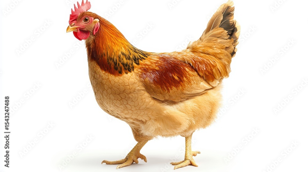 Fototapeta premium Close-up of a vibrant Rhode Island Red hen standing alert and facing forward on a white background, studio shot.