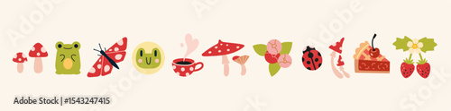 Cute summer set with nature elements including flowers, berries, mushrooms, snails, frogs and dessert. Trendy modern vector illustration isolated on white background, hand drawn, flat design