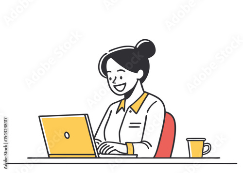 Vector illustration of a woman sitting comfortably with a laptop in a cozy home setting, representing remote work and digital productivity.
