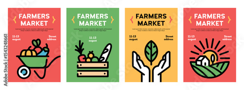 Farmer market poster illustration set. Creative farm event icon backgrounds with place for text. Food festival flyers with farmer, organic products. Line fruit and vegetable shop banner templates
