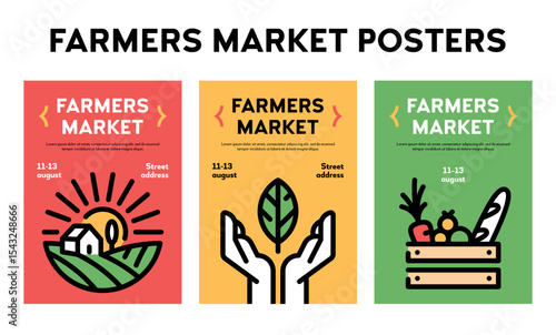Vector farmers market poster illustration set. Farm event icon backgrounds with place for text. Line fruit and vegetable shop banner templates. Food festival flyers with farmer, organic products