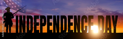 Fényképezés Waving US flag and Revolutionary War soldier against sunset