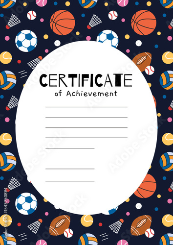 Colorful certificate of achievement template with various sports balls like volleyball, basketball and shuttlecocks pattern on dark background. Trendy vector illustration, hand drawn, flat design