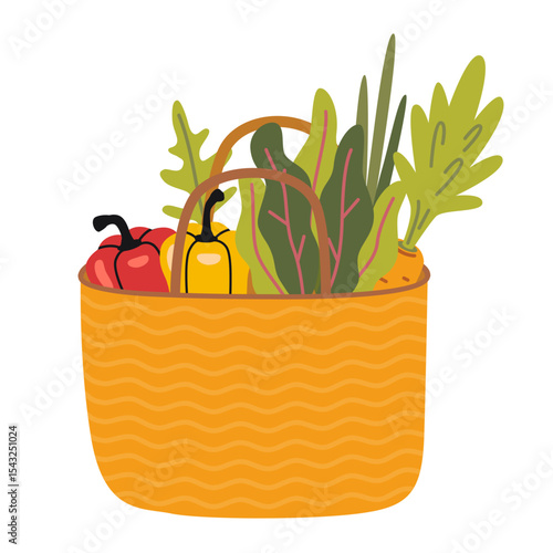 Straw basket filled with fresh farm vegetables and greens, like onion, carrot, beetroot and pepper. Local food and sustainable lifestyle. Trendy modern vector illustration, hand drawn, flat