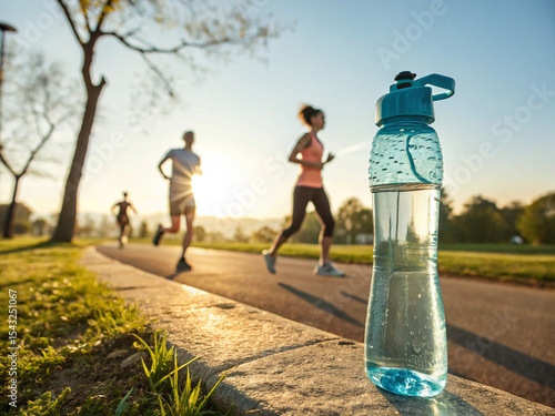 Close-up of people running in the park and water to combat heat stroke. Daytime. Drawing sweat. Exercise.