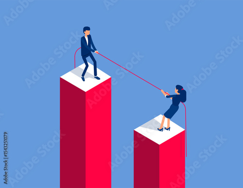 Two business person tug of war at high altitude. Flat isometric vector concept