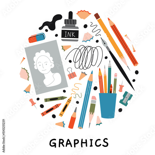 Art tools for graphic drawing like pencils, ink, crayons and eraser. Tools for traditional art, sketch lines and creative hobby projects. Trendy modern vector illustration, hand drawn flat design