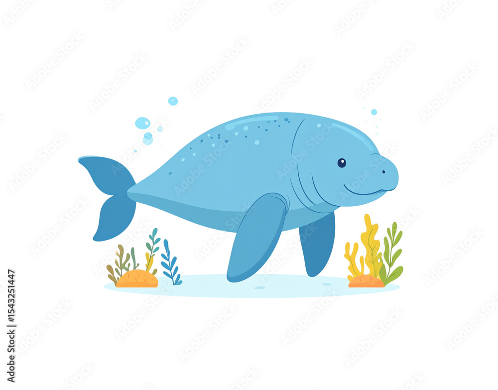 Cartoon Manatee Swimming Underwater with Seaweed and Bubbles Illustration. Cartoon Manatee Swimming Underwater with Seaweed and Bubbles Illustration.