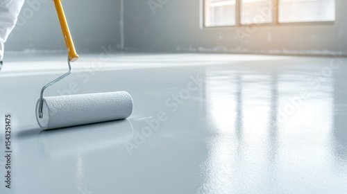 A paint roller applying fresh white paint on a smooth floor surface in a bright room with large windows.