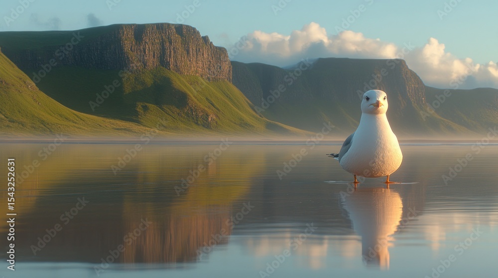 Fototapeta premium Peaceful seagull on tranquil shore, mountains in the background