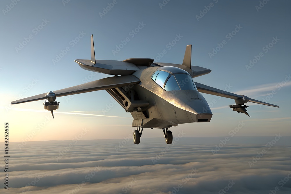 Fototapeta premium VTOL Jet Hovering on Helipad at Dusk