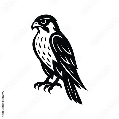 Angry Peregrine Falcon Vector Silhouette, Silhouette illustration of an angry peregrine falcon perched firmly with fierce expression and sharp features in black
