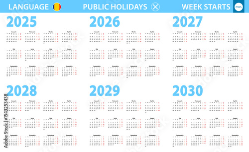Calendar in Romanian language for year 2025, 2026, 2027, 2028, 2029, 2030. Week starts from Monday.
