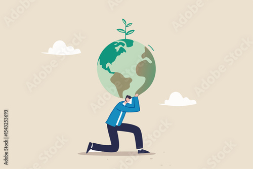 Climate change and global warming responsibility, world leader commitment to take care our planet earth concept, businessman in atlas pose carrying green globe with seedling plant on his shoulder.