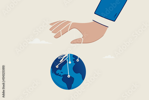 World domination power to manipulate or control economy, stop the war for world peace, political and conspiracy theory concept, anonymous businessman hand with puppet string to control the world.