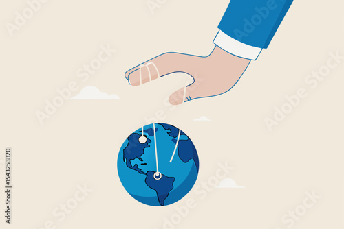 World domination power to manipulate or control economy, stop the war for world peace, political and conspiracy theory concept, anonymous businessman hand with puppet string to control the world.