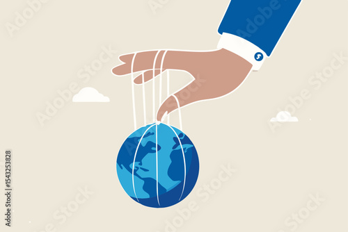 World domination power to manipulate or control economy, stop the war for world peace, political and conspiracy theory concept, anonymous businessman hand with puppet string to control the world.