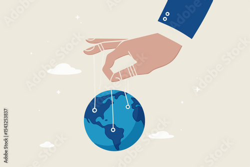 World domination power to manipulate or control economy, stop the war for world peace, political and conspiracy theory concept, anonymous businessman hand with puppet string to control the world.