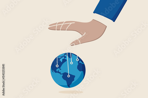 World domination power to manipulate or control economy, stop the war for world peace, political and conspiracy theory concept, anonymous businessman hand with puppet string to control the world.