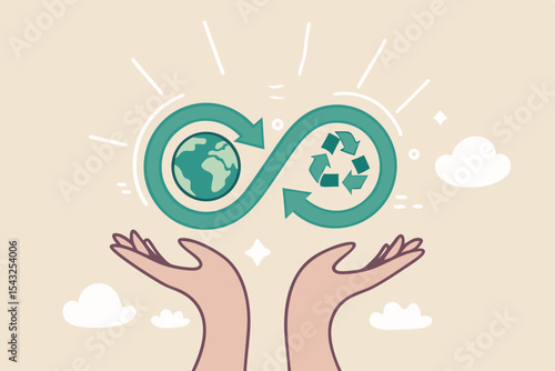 Circular economy, sustainability, ecology with reusable resource, energy or eco friendly product, recycle material or environment protection, climate change concept, hand hold circular economy cycle.