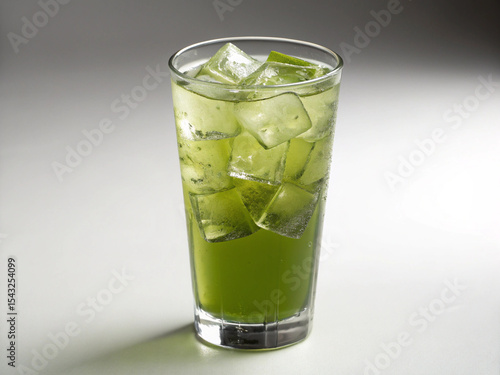 Green tea and ice in a glass. Green tea high. Catechins. Matcha.