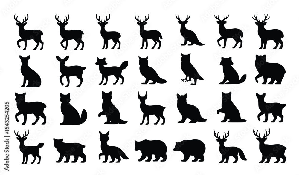 Obraz premium Collection of wild animal silhouettes including deer, bears, cats, foxes, and wolves arranged against a white background.