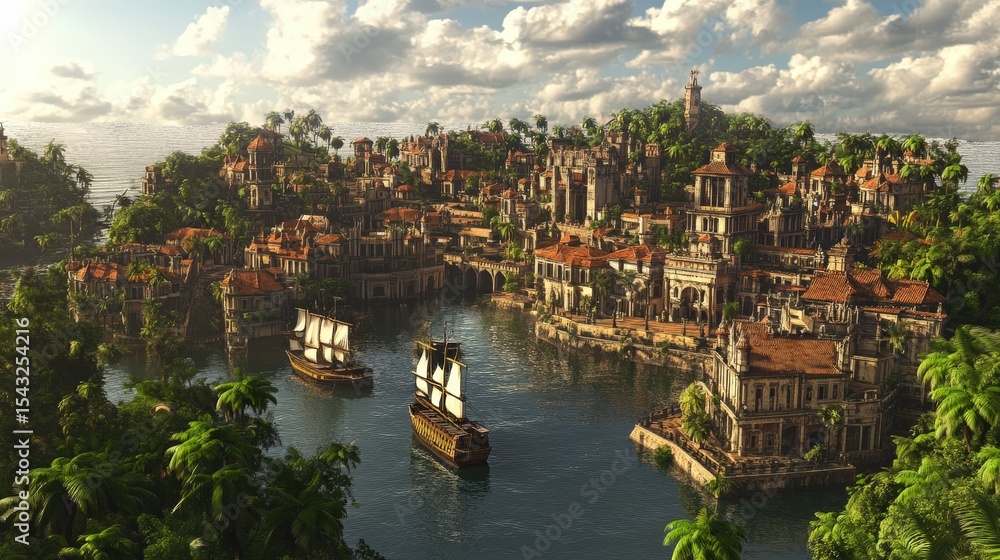 Fototapeta premium Vibrant cityscape at dusk, featuring glowing buildings reflected in water, dramatic sky, and warm lighting perfect for travel or urban themes.