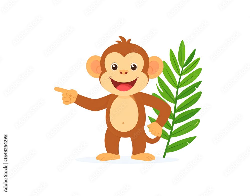 Obraz premium Cheerful Cartoon Monkey Pointing with a Smile Standing Near Green Leaves.