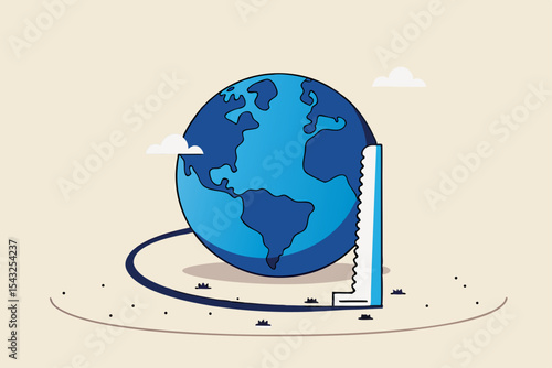World economic crisis from war and geopolitical problem or threats, climate change or global warming destroying world concept, sawing globe to fall from the floor metaphor of danger and threats.