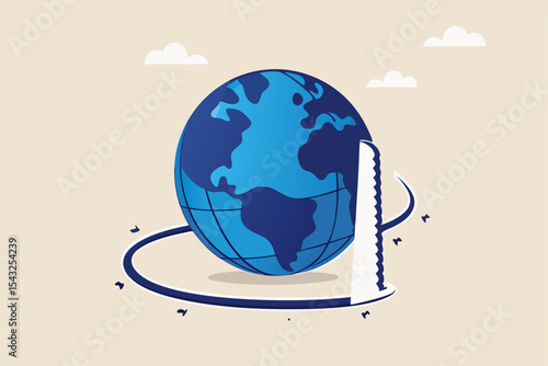 World economic crisis from war and geopolitical problem or threats, climate change or global warming destroying world concept, sawing globe to fall from the floor metaphor of danger and threats.