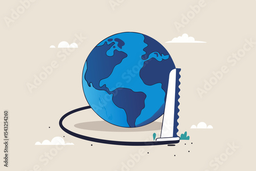 World economic crisis from war and geopolitical problem or threats, climate change or global warming destroying world concept, sawing globe to fall from the floor metaphor of danger and threats.