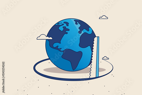 World economic crisis from war and geopolitical problem or threats, climate change or global warming destroying world concept, sawing globe to fall from the floor metaphor of danger and threats.