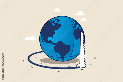 World economic crisis from war and geopolitical problem or threats, climate change or global warming destroying world concept, sawing globe to fall from the floor metaphor of danger and threats.